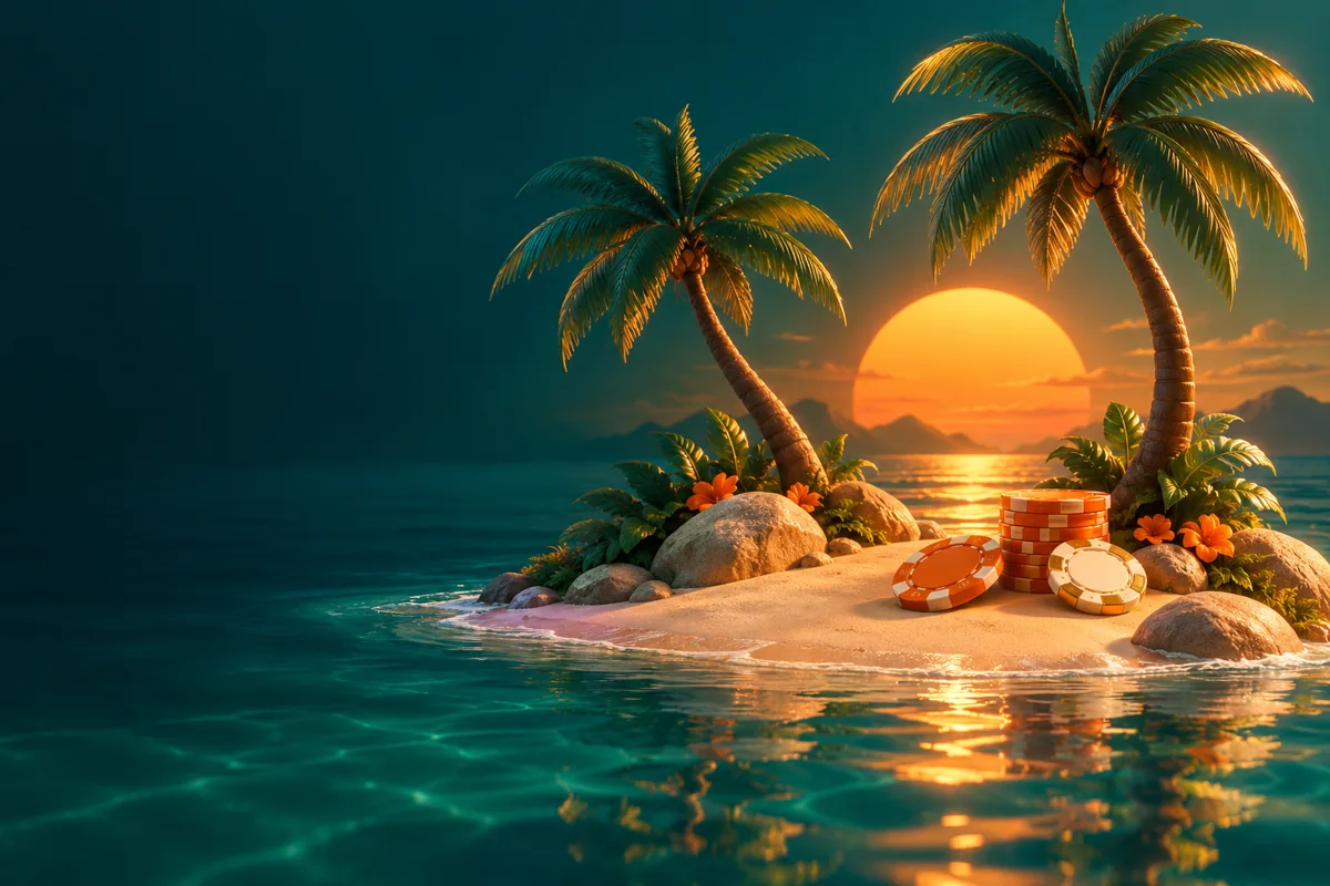 Tropical island at sunset with casino chips